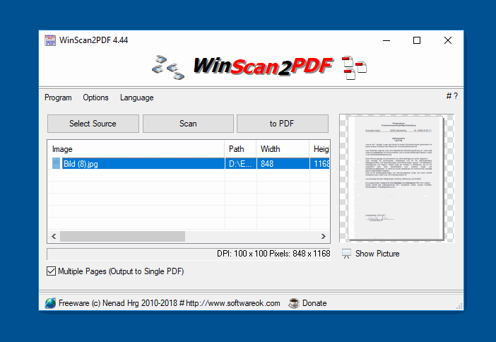 WinScan2PDF 主界面(官方英文版):扫描即出 PDF